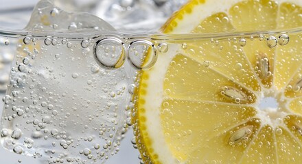 Sparkling water macro shot with fresh lemon slices and ice cubes in glass carbonated beverage with bubbles refreshing summer drink concept cold citrus soda background