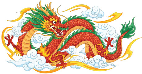 Fototapeta premium Illustration of a vibrant dragon surrounded by swirling clouds and flames on a white background with a mix of green, orange, and red hues.