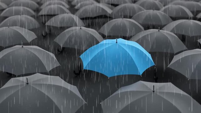 Regen, viele schwarze, identische Regenschirme und ein blauer, der aus der monotonem Menge heraussticht als Symbol f&uuml;r Besonderheit und Einzigartigkeit