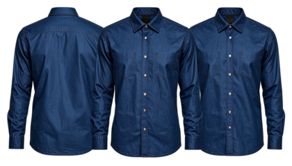Three views of a blue long-sleeved button-down shirt