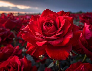 Close-up focus on a vibrant, blooming red rose