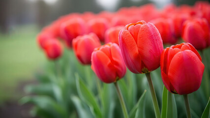 Fototapeta premium Red tulips with water droplets in a garden row.