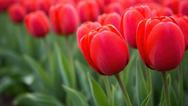 Row of red tulips with water drops, green foliage. - Powered by Adobe