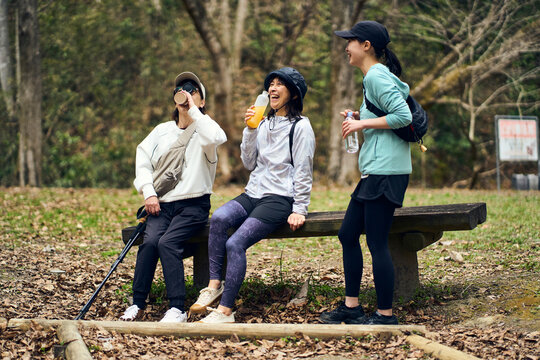 自然の中で休憩しながら会話を楽しむ女性達