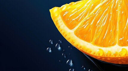 A close-up of an orange slice, with water droplets on it, creating a vibrant and refreshing visual effect. The background is dark blue to accentuate the fruit's bright color.