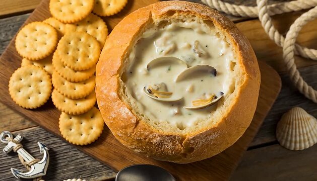 A bowl of clam chowder in a bread bowl with crackers and nautical decorations, coastal comfort food.