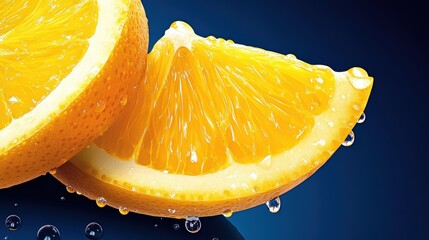 A close-up of an orange slice, with water droplets on it, creating a vibrant and refreshing visual effect. The background is dark blue to accentuate the fruit's bright color.
