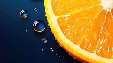 A close-up of an orange slice, with water droplets on it, creating a vibrant and refreshing visual effect. The background is dark blue to accentuate the fruit's bright color.
