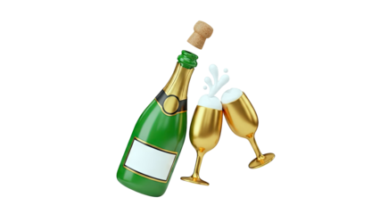 Champagne Bottle Popping with Glasses Toasting on White Background