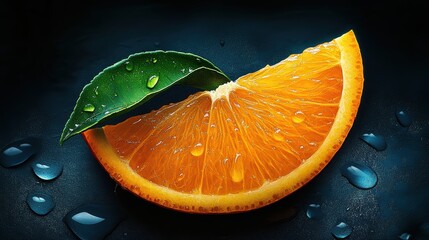 A close-up of an orange slice, with water droplets on it, creating a vibrant and refreshing visual effect. The background is dark blue to accentuate the fruit's bright color.