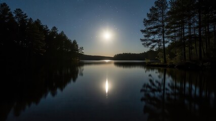 Moonlit lake surrounded by pine trees at night