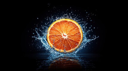 A close-up of an orange slice, with water droplets on it, creating a vibrant and refreshing visual effect. The background is dark blue to accentuate the fruit's bright color.
