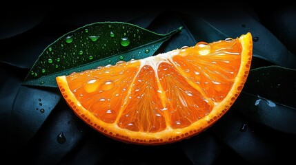 A close-up of an orange slice, with water droplets on it, creating a vibrant and refreshing visual effect. The background is dark blue to accentuate the fruit's bright color.