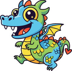 Fototapeta premium A colorful cartoon dragon illustration with a cheerful expression, featuring a mix of blue, green, yellow, and orange hues, against a clean white background.