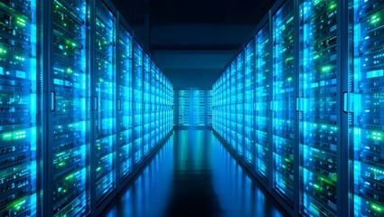 Bright blue glowing data center hallway, futuristic server infrastructure, symmetrical clean design