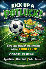 Promotional Potluck Flyer with Soccer (Football) Theme Featuring Food Dishes, Football, Goalpost, and Stadium Background