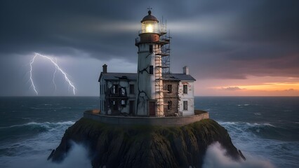 Dramatic Lighthouse Amidst Stormy Seas and Lightning Strike