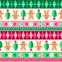 Cute desserts and geometric elements seamless striped pattern design for christmas holidays background.
