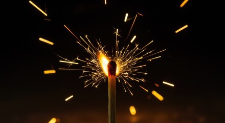 Burning matchstick ignites sparks against dark background concept of light and energy