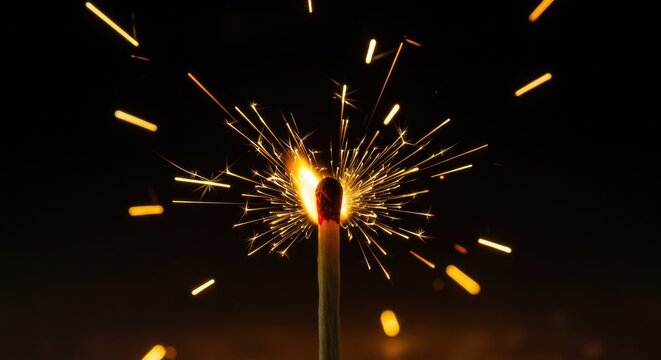 Burning matchstick ignites sparks against dark background concept of light and energy