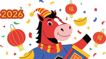 Naklejka premium Illustration of a smiling horse wearing traditional Chinese New Year attire with lanterns and confetti on a white background.
