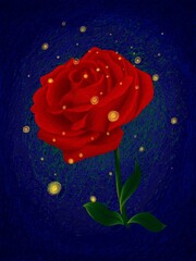 Abstract Spiral Rose Flower Illustration with Glowing Light Dots on Dark Blue Background