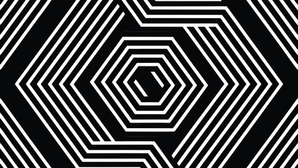 Geometric op art pattern with hexagonal and linear shapes in black and white