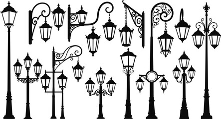 Vintage street lamp silhouette set, antique lantern collection, old outdoor lighting icons, Victorian gas light vectors, classic wrought iron lampposts. © Mim's World