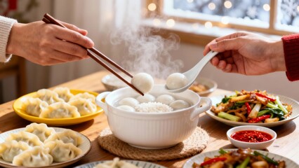 Two hands using chopsticks and a spoon to serve steaming rice balls from a bowl accompanied by plates of dumplings and stir-fried vegetables on a warmly lit dining table.