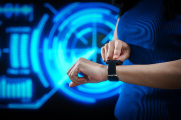 Closeup of modern smartwatch worn on human wrist against futuristic blue motion lights, wearable technology, innovation, connectivity, digital lifestyle, smart health monitoring, interface, future.