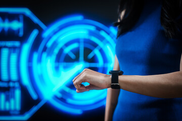Closeup of modern smartwatch worn on human wrist against futuristic blue motion lights, wearable technology, innovation, connectivity, digital lifestyle, smart health monitoring, interface, future.