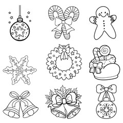 A collection of nine black and white vector outlines featuring festive wreaths, star ornaments, holiday baubles, and decorative bows. Great for holiday coloring pages and seasonal craft designs.
