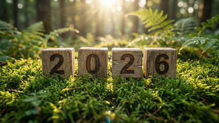 2026 New Year concept with wooden blocks on mossy ground in green forest with sunlight