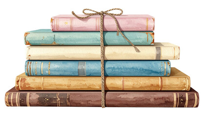 Watercolor stack of books bound with twine, arranged vertically