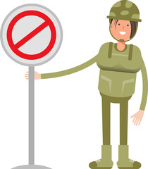 Woman Soldier Character and Prohibition Signage
