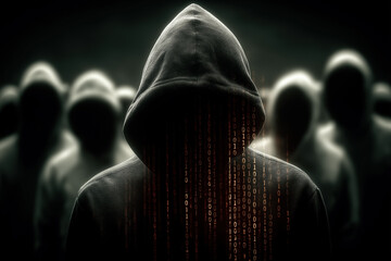 Hooded figures and digital code symbolizing cybersecurity and anonymity