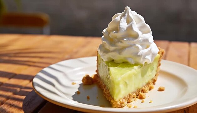 A refreshing slice of tart lime pie topped with whipped cream, perfect for a sunny day treat, key lime.