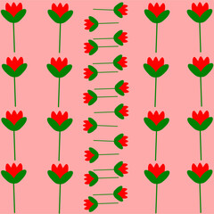 Obraz premium Seamless floral pattern with red flowers and green stems on a soft pink background. Cute and simple design suitable for fabric, wallpaper, wrapping paper, and surface design.