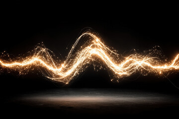 Abstract glowing light waves on black background with sparkling particles