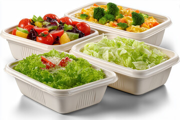 Fresh and colorful salads in biodegradable containers