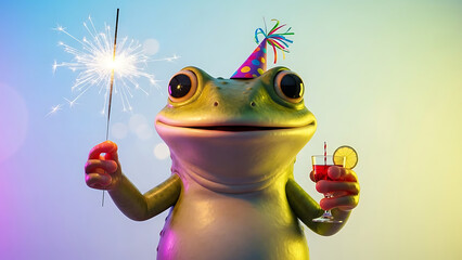 Celebrating frog with sparkler and drink
