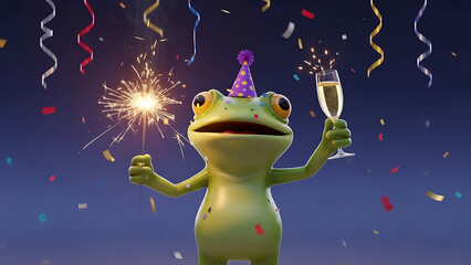 Festive frog celebrating with sparkler and champagne