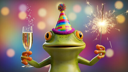 Celebrating frog with sparkler and champagne