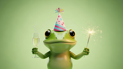Celebrating frog with sparkler and champagne