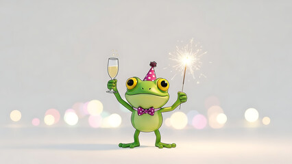 Celebrating frog with sparkler and drink