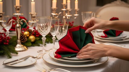Christmas Dinner Table Setting with Red Napkin.