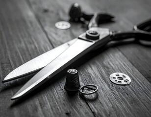 Black and white macro of tailoring shears, thimble, and notions