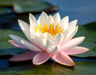 Close-up of a delicate white and pink water lily with yellow center