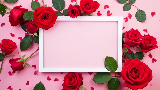 Elegant red roses and a frame on a pastel pink background for special occasions concept