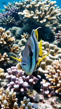 Vibrant underwater scene featuring a colorful fish swimming among coral reef formations with intricate textures